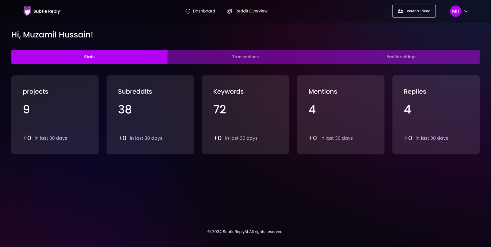 Subtle Reply AI account dashboard showing projects, subreddits, keywords, mentions and replies