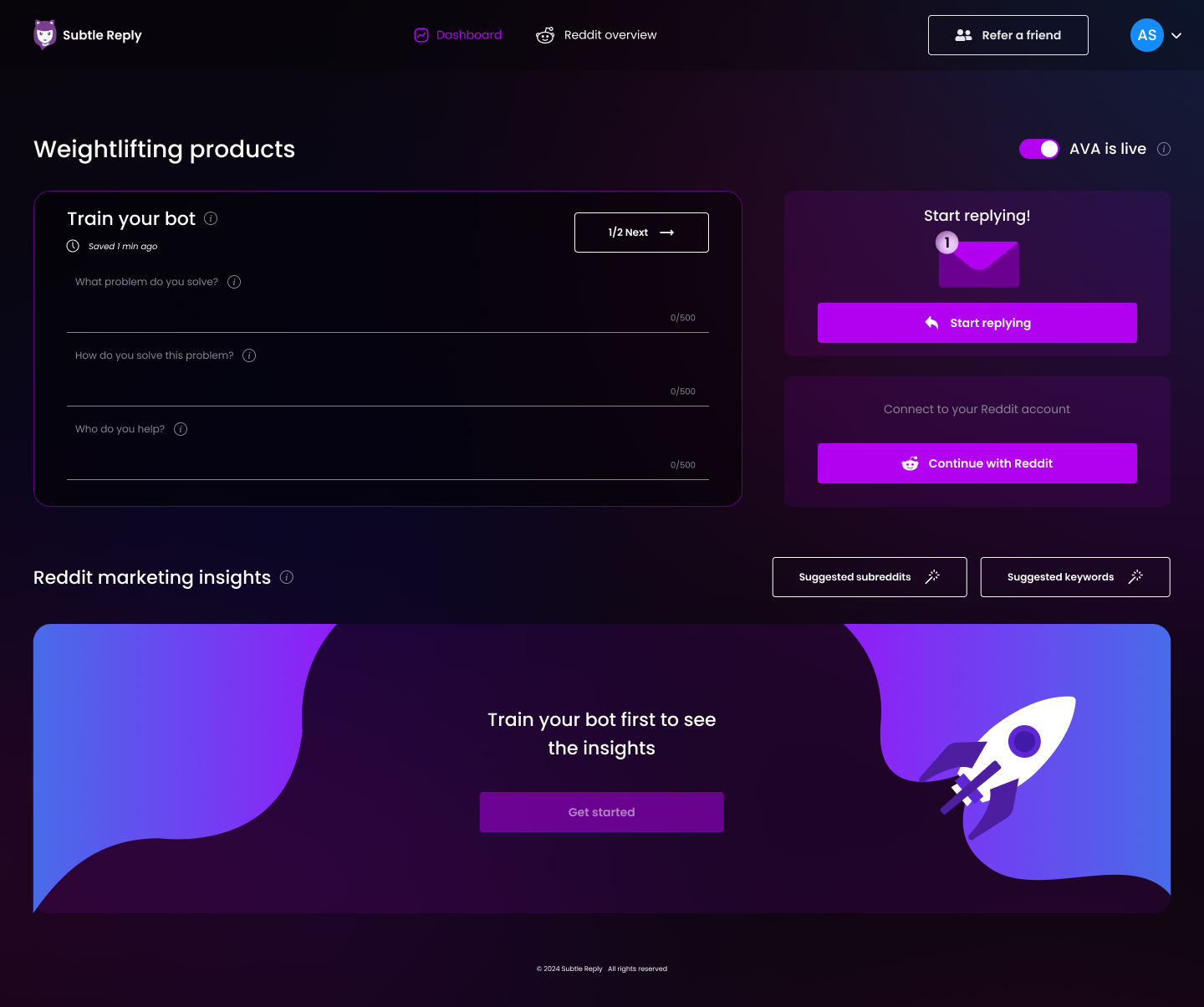 Subtle Reply AI multi-project dashboard showing subscriptions, active subreddits, keywords and replies