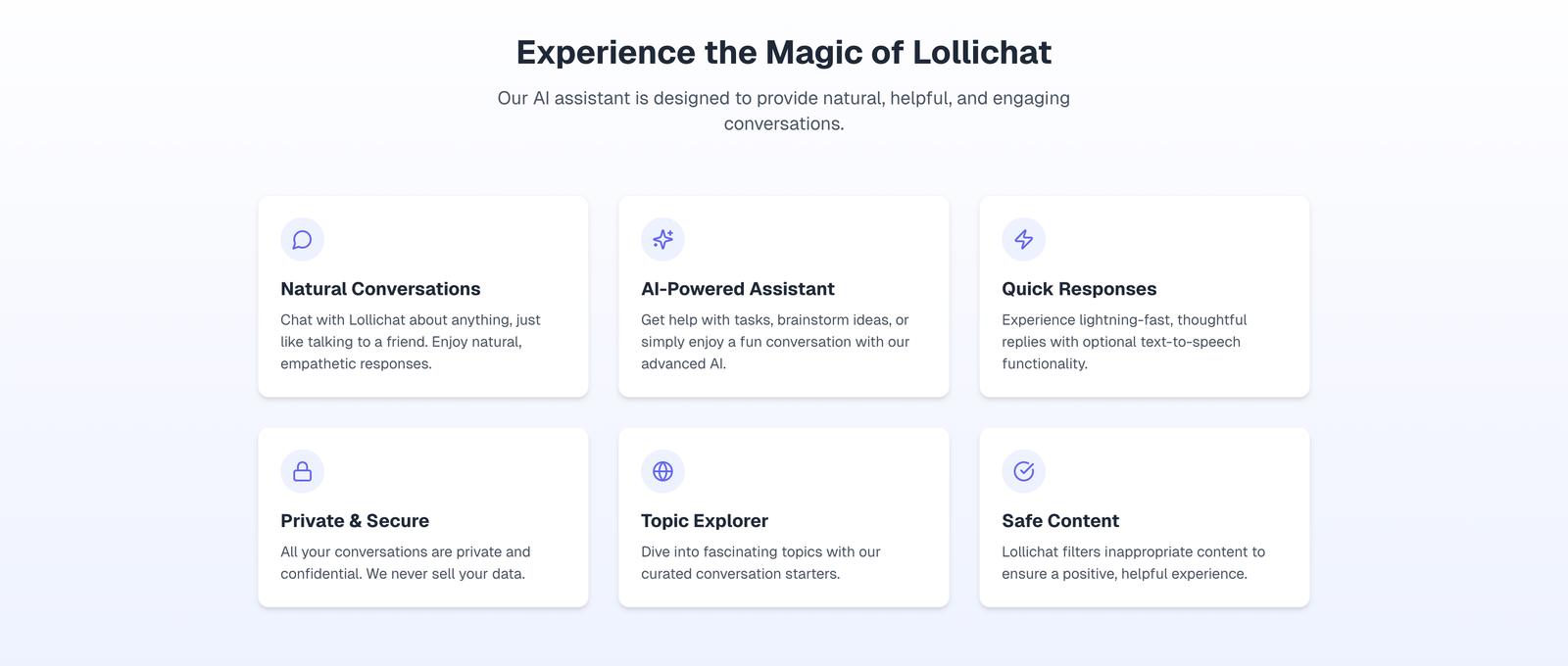 Lollichat product features including natural conversation, AI assistance, privacy, topic exploration, and safety