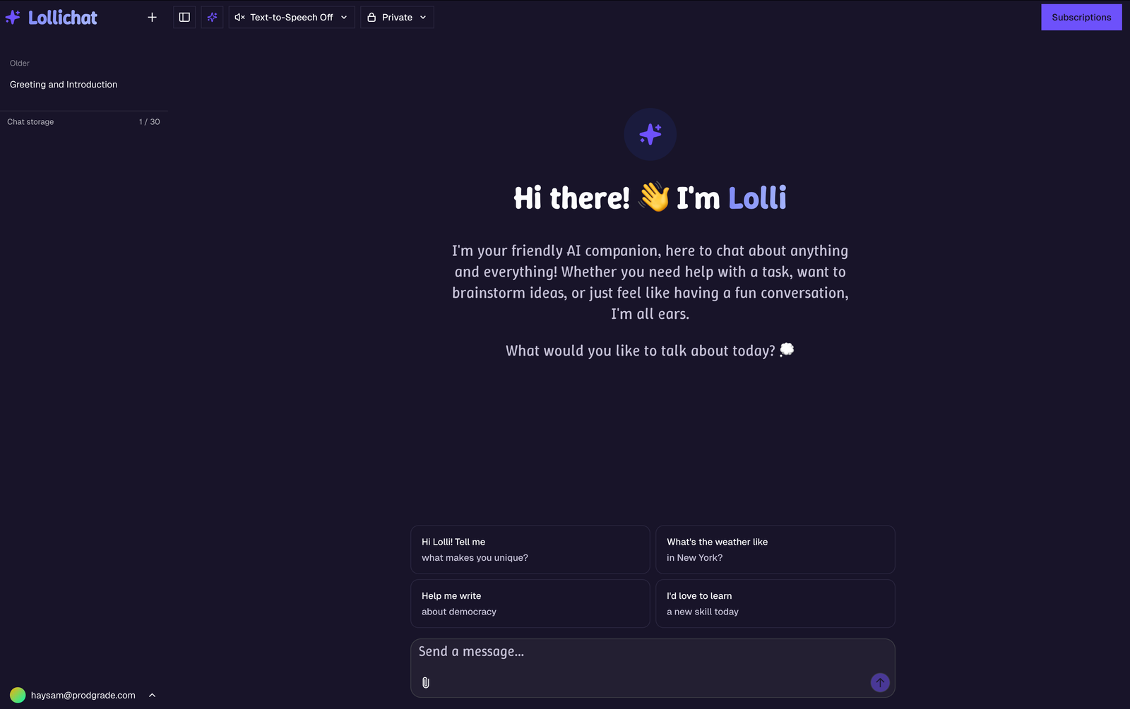 Lollichat AI companion interface in dark mode showing persistent conversation experience