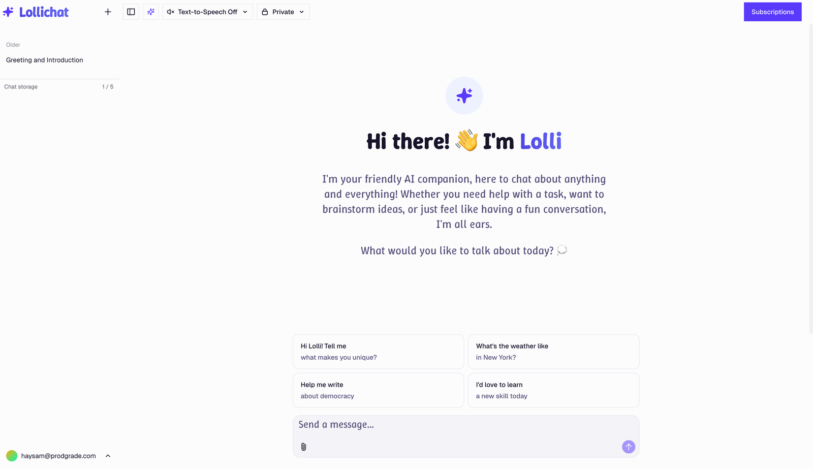 Lollichat personal AI companion conversation interface in light mode