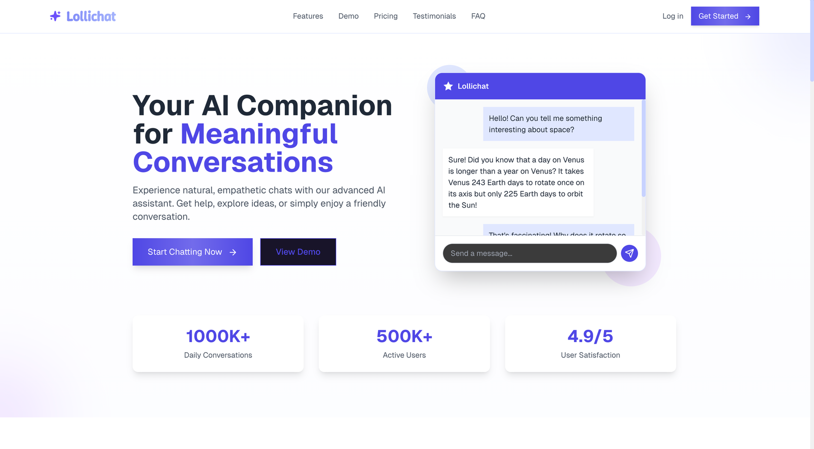 Lollichat AI companion marketing interface
