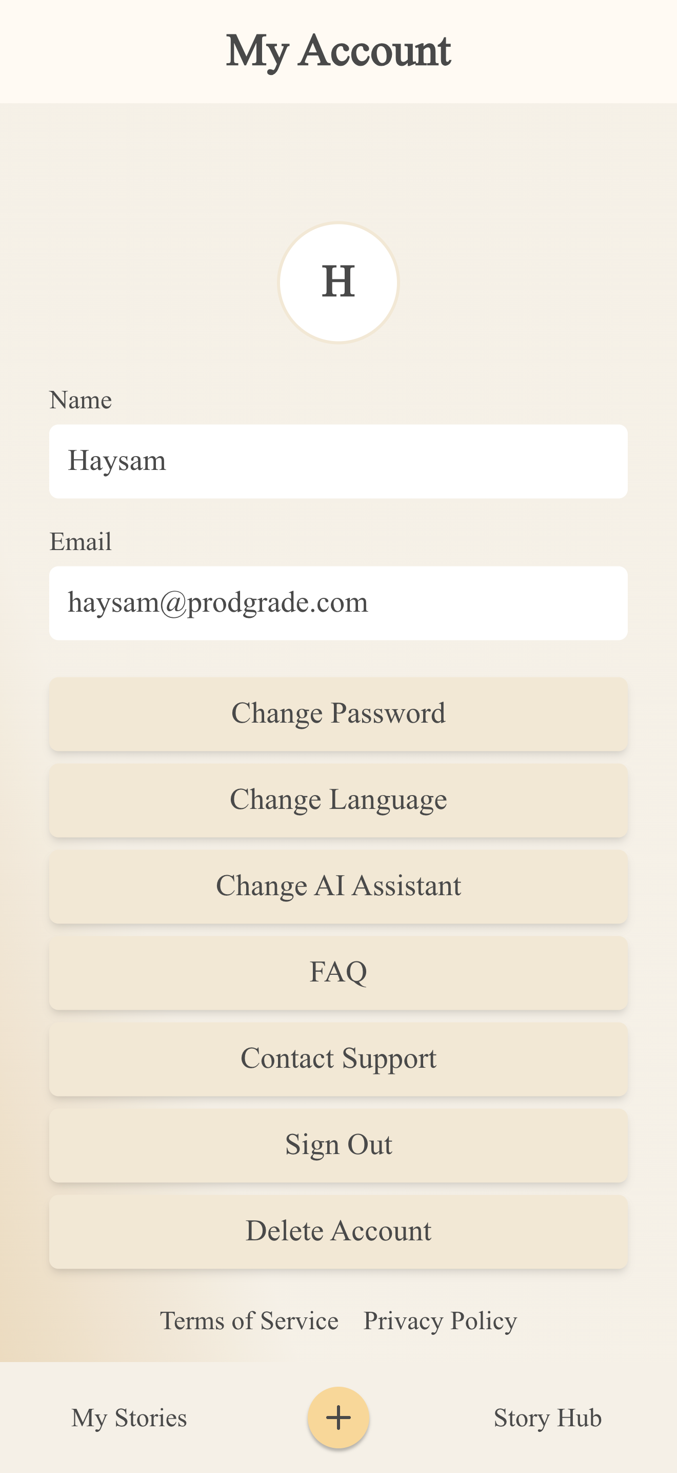 Stories of My Life account and settings interface